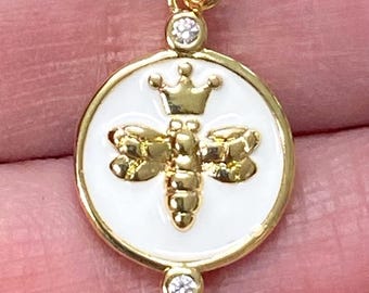 Pingente de coroa de abelha esmaltada, material para bijuteria, banhado a ouro, 1 peça, abelha rainha branca (T31)