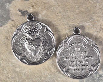 Milagros Heart EX Voto flaming heart pewter pendant catholic medal religious supply antique silver 1 pc