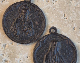 French Reproduction Sacred Heart Jesus Immaculate Mary Medal Pendant Rusty Brown (RB5)