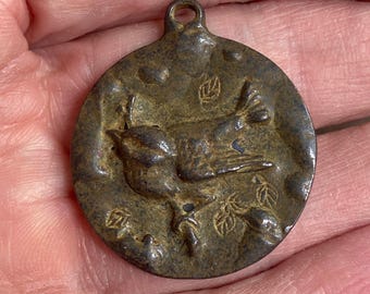 Artisan original rustic pewter bird on limb pendant charm made in the usa antique rusty brown 1 pc. (rb1)