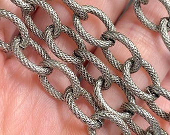 Corrente oval texturizada, corrente de cabo larga, elos grossos abertos, componente para colar com miçangas, vendida por metro, prata antiga, 12 mm x 9 mm (ch03s)