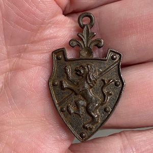 May include: A small, antique-style pendant with a shield shape. The pendant is a dark bronze color and features a lion rampant design in the center. The top has a decorative flourish and a small loop for hanging.