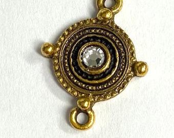 Conector para pingente com moldura redonda de cristal pontilhado, berloque para brinco, berloque para pulseira, dourado antigo, 1 peça (T21)