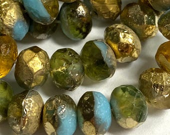 8 x 6mm sky blue honey gold finish glass rondelles czech glass beads 10 pieces boho supplies #19