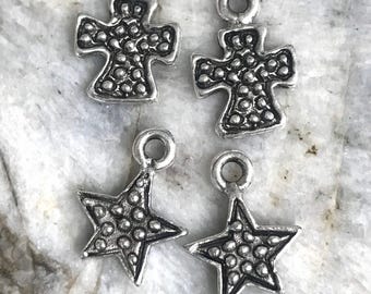 2 pcs dotted cross or star small pewter rugged charms religious pendant altered art supplies jewelry rustic antique silver