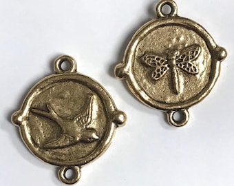Artisan original pewter bird connector pendant sparrow double sided jewelry link components supplies nature antique gold 1 pc
