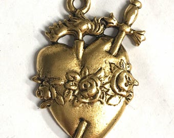 Antique gold Immaculate Heart Sword religious pendant altered art supplies jewelry old world style (G06)