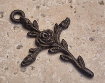 Pewter Rose Vine Cross Pendant, Antique Rusty Brown Religious Charm (RB10)