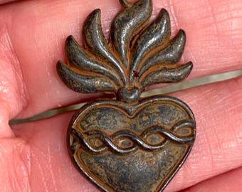 Milagros Heart Sword Flaming Heart Rustic Pendant Antique Rusty Brown 1 Pc (RB9)