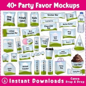 40 Party Favor Mockups Bundle , Party Favor Mockup Bundle, Chip bag, Juice Pouch,  Water Bottle Mockup, party favors , Canva Frame Mock ups