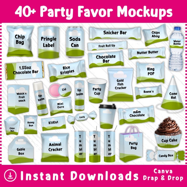 40 Party Favor Mockups Bundle , Party Favor Mockup Bundle, Chip bag, Juice Pouch,  Water Bottle Mockup, party favors , Canva Frame Mock ups