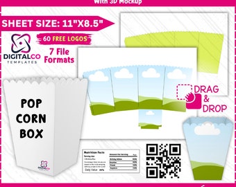 Pop Corn Box Template, Popcorn Box Blank Template, Snack Box Template, party favors, Svg, Dxf, Png, Psd, 8.5"x11" Sheet, Canva drag and drop
