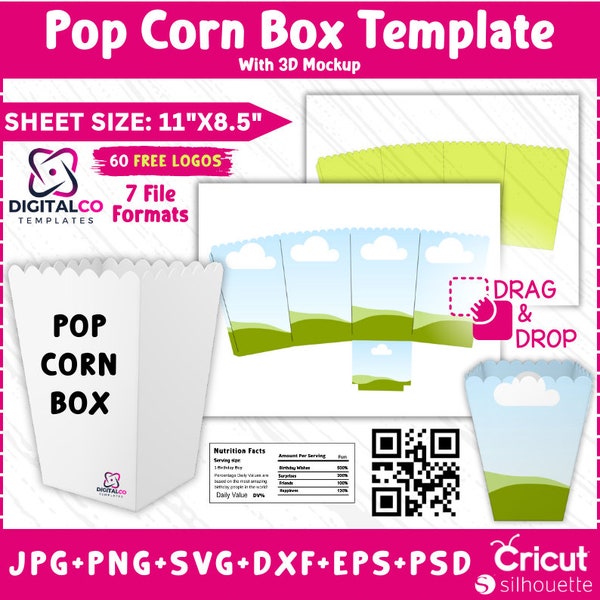 Pop Corn Box Vorlage, Popcorn Box Leere Vorlage, Snack Box Vorlage, Partygeschenke, SVG, DXF, Png, Psd, 8,5 "x 11" Blatt, Canva ziehen und ablegen."