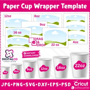 Paper Cup Wrapper Template, 6 sizes Paper Cup Bundle, Paper Coffee Cup Template, Paper Cup Wrapper, 4oz - 8oz - 9oz - 12oz - 16oz -22oz  SVG