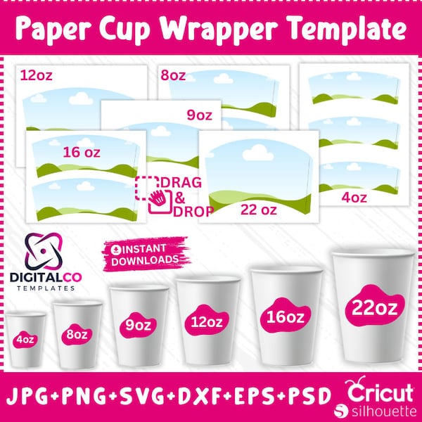 Paper Cup Wrapper Template, 6 sizes Paper Cup Bundle, Paper Coffee Cup Template, Paper Cup Wrapper, 4oz - 8oz - 9oz - 12oz - 16oz -22oz  SVG