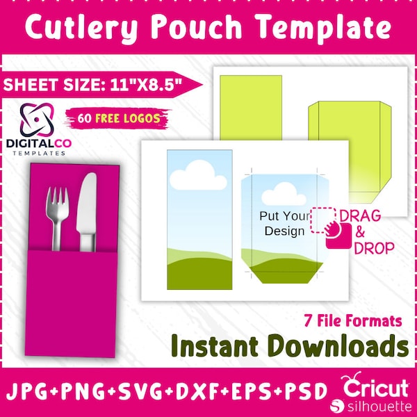 Cutlery Pouch Template, Cutlery Pouch Holder, Cutlery Set template, Cutlery Paper Holder Template, Party Favor, SVG,Dxf, Canva drag and drop