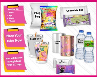 Party favors Custom Bundle, 7 Party Favor Bundle, Custom Party Templates, Custom Birthday Labels Template, Chip bag, Water bottle, Capri-sun