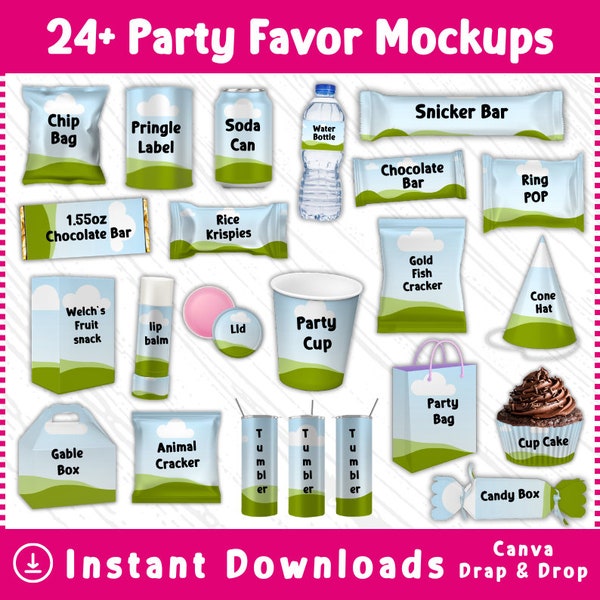 24 Party Favor Mockups Bundle , Party Favor Mockup Bundle, Chip bag, Juice Pouch,  Water Bottle Mockup, party favors , Canva Frame Mock ups