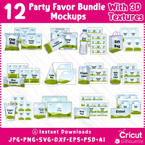 12 Party Favor Templates Bundle, Party Favor Mockups, Chip Bag Template, Water Bottle Label, Chocolate Bar, Party Favor, Canva drag and drop