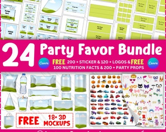 24 Party Favor Templates Bundle, Party Favor Mockups, Chip Bag Template, Water Bottle Label, Chocolate Bar, Party Favor, Canva drag and drop