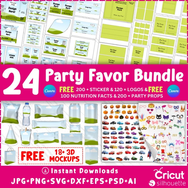 24 Party Favor Templates Bundle, Party Favor Mockups, Chip Bag Template, Water Bottle Label, Chocolate Bar, Party Favor, Canva drag and drop