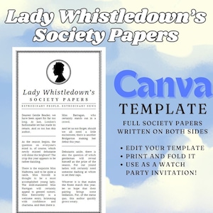 Szablon Bridgerton, Dokumenty Towarzystwa Lady Whistledown, Szablon Canva, Wydrukowany prezent na imprezę Bridgerton Watch, Prezenty Bridgerton