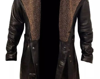 Men,s German Belted WW2 Blade Runner Fur Leather Trench long coat Jacket