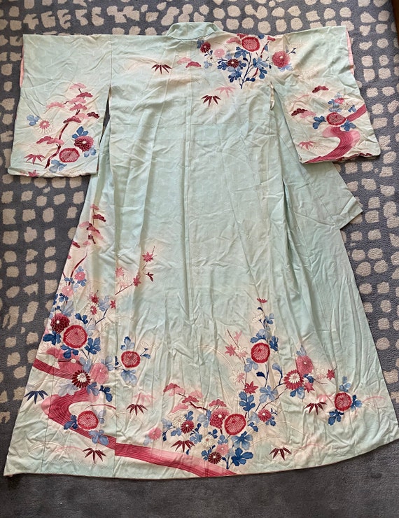 Vintage Kimono Silk Wedding Pink Blue Hexagon Pat… - image 1