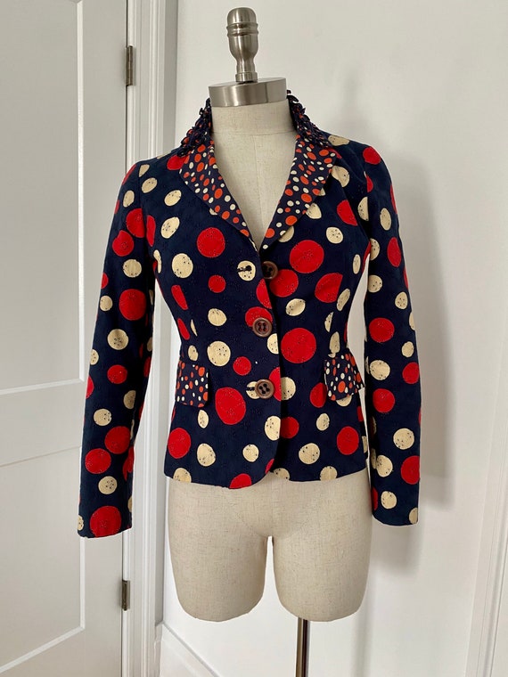MOSCHINO Navy Cotton Jacket Polka Dots Bubbles Circus Mod Frilly 