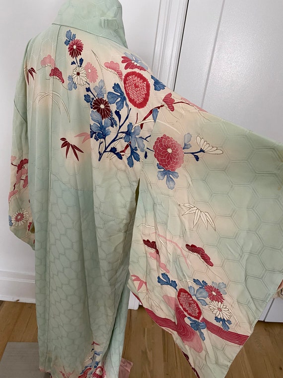 Vintage Kimono Silk Wedding Pink Blue Hexagon Pat… - image 6