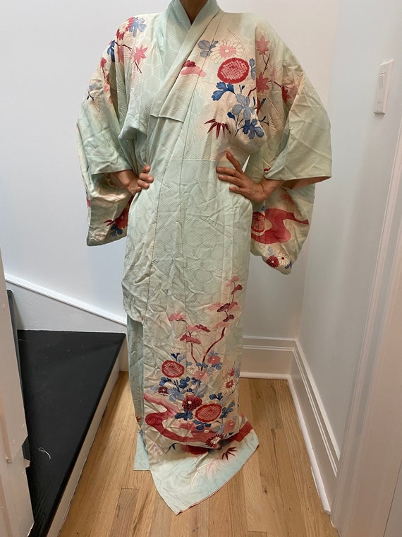 Vintage Kimono Silk Wedding Pink Blue Hexagon Pat… - image 2