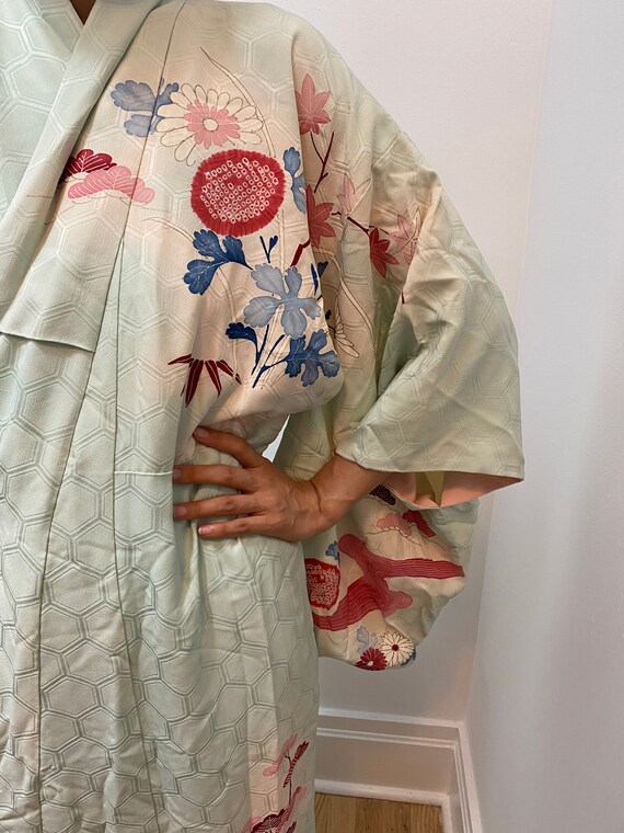 Vintage Kimono Silk Wedding Pink Blue Hexagon Pat… - image 3