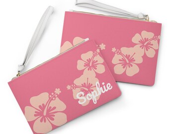 Personalized Pink Hibiscus Clutch - Makeup Bag With Your Name
