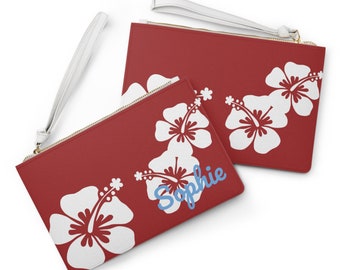Personalized White Hibiscus Clutch - Makeup Bag With Your Name