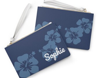 Personalized Blue Hibiscus Clutch - Makeup Bag With Your Name