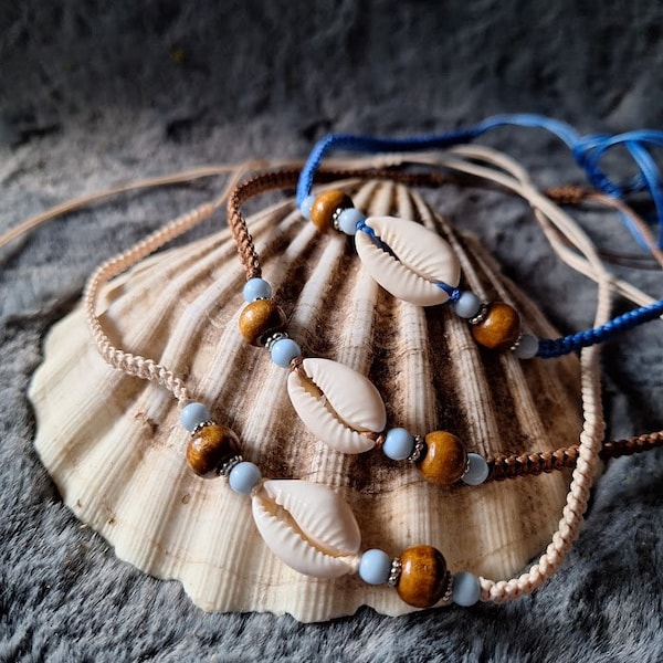 Kauri Kette Surfer & Strandkette "Maui" Echte Kauri Muschel auf Nylonschnur geflochten Makramee Choker Halsband Wahlbar Strandschmuck Sommer