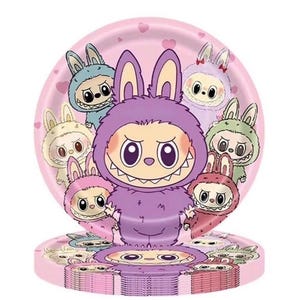 May include: Pink paper plates with a cartoon monster bunny design. The plates feature a central purple monster bunny surrounded by other bunny characters in various colors. The background has small pink hearts.