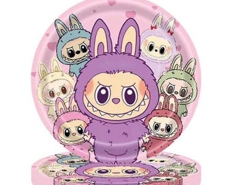 Cute Kawaii Bunny Monster birthday decorations Pink Bunny Party Supplies Elf Birthday Decorations Art Toy pastel Paper plates