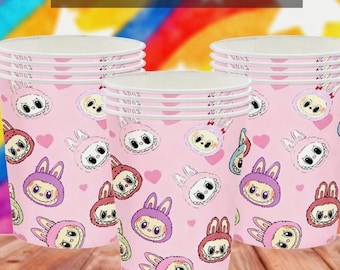 Cute Kawaii Bunny Monster birthday decorations Pink Bunny Party Supplies Elf Birthday Decorations Art Toy pastel Paper cups