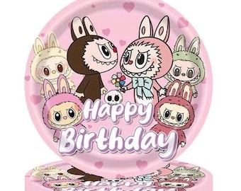 Lindos platos de papel de conejito monstruo Kawaii de feliz cumpleaños