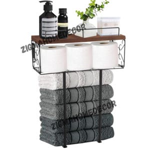Wall Mounted Towel Rack For Bathroom | Bathroom Towel Rack | Towel Holder With Wood Floating Shelf | Roll Bath Towel Rack