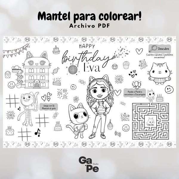 Digital coloring tablecloth | Digital Placemat in spanish | Gabby Dollhouse