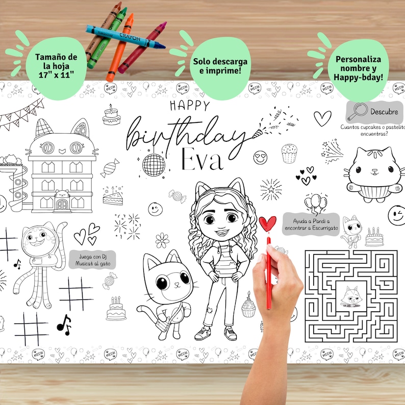 Digital Coloring Tablecloth Digital Placemat in Spanish Gabby Dollhouse