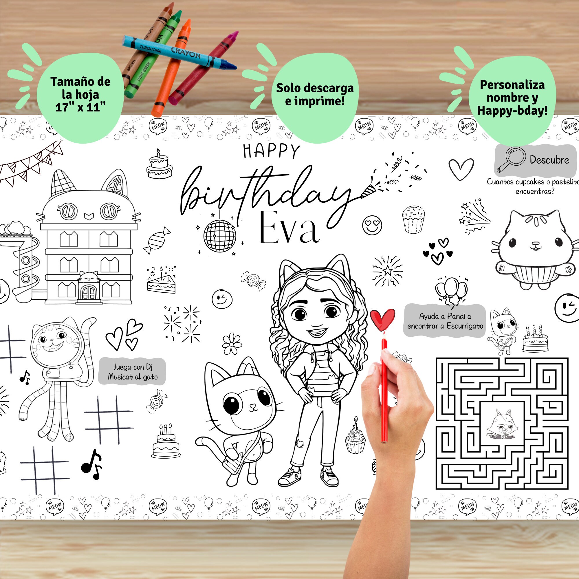 Digital Coloring Tablecloth Digital Placemat in Spanish Gabby Dollhouse