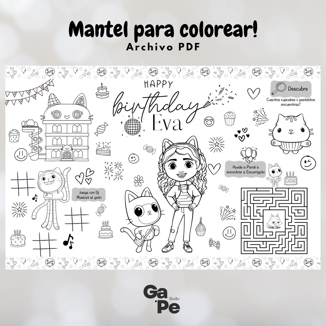 Digital Coloring Tablecloth Digital Placemat in Spanish Gabby Dollhouse