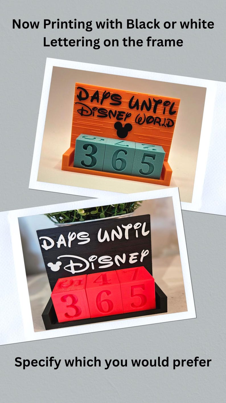 May include: A countdown calendar frame with the text DAYS UNTIL DISNEY WORLD and a Mickey Mouse icon. One version features an orange frame with teal blocks, and the other features a black frame with red blocks, both displaying the number 365.
