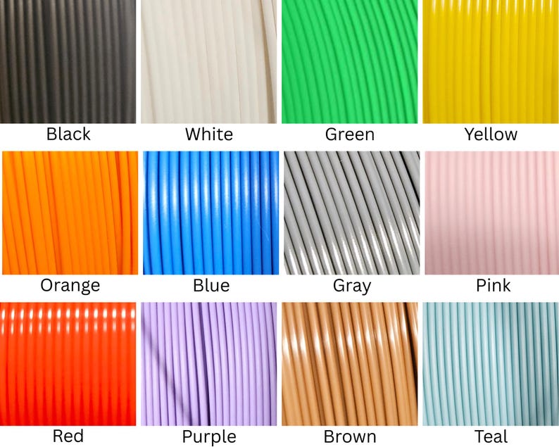 May include: A grid of twelve colored 3D printer filament spools, each labeled with its corresponding color: black, white, green, yellow, orange, blue, gray, pink, red, purple, brown, and teal. Each section shows a close-up of the coiled plastic.