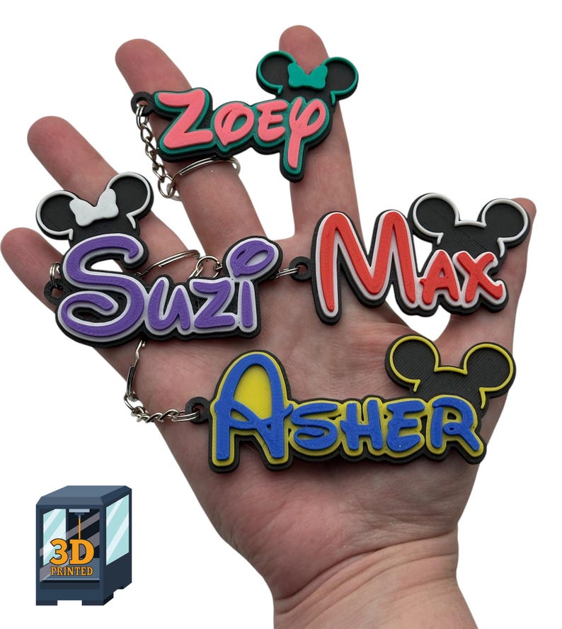 4 Personalized 3D printed Name Keychains in various colors. The keychains are mouse inspired so they will have a mouse head included. Girl versions will have a bow included as well. These are perfect gifts for fish extender groups or cruise gifts.