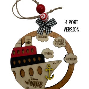 One wooden circle ornament with a cruise boat image and 4 port locations clouds in this version. The ornament comes with 2 wooden beads, a black and white mini fabric bow and twine for hanging.