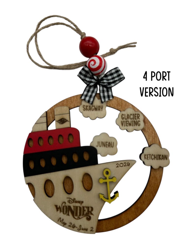 One wooden circle ornament with a cruise boat image and 4 port locations clouds in this version. The ornament comes with 2 wooden beads, a black and white mini fabric bow and twine for hanging.